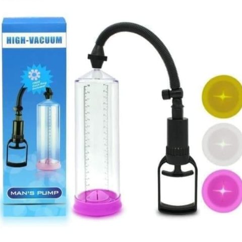 High Vacuum Man’s Pump for men enlargement in UAE – transparent cylinder with measurement scale, strong suction handle, and multiple silicone sleeves in yellow, white, and pink colors for effective male enhancement