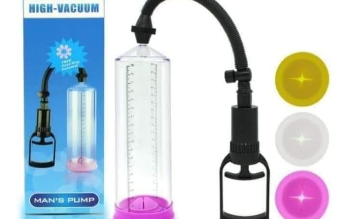 High Vacuum Man’s Pump for men enlargement in UAE – transparent cylinder with measurement scale, strong suction handle, and multiple silicone sleeves in yellow, white, and pink colors for effective male enhancement