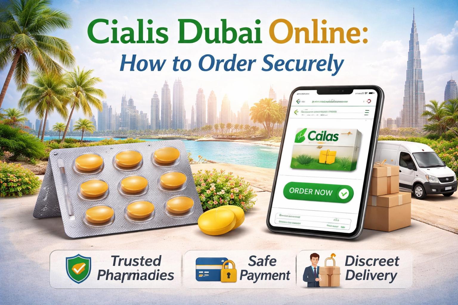 Cialis Dubai online secure ordering image with pharmacy delivery and safe payment concept.