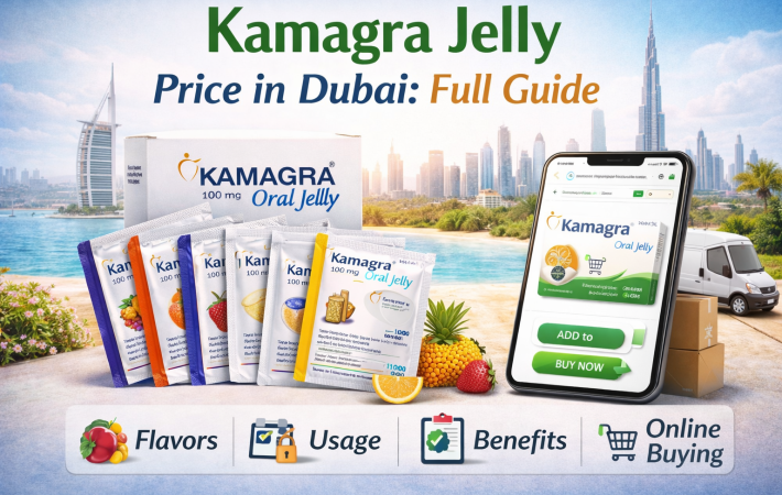 Kamagra Jelly price in Dubai promotional image with flavored jelly packs and online pharmacy theme.
