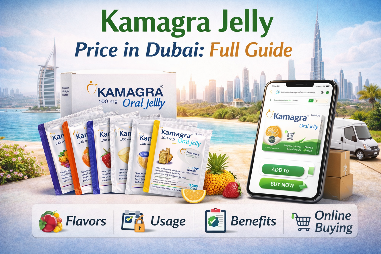 Kamagra Jelly price in Dubai promotional image with flavored jelly packs and online pharmacy theme.