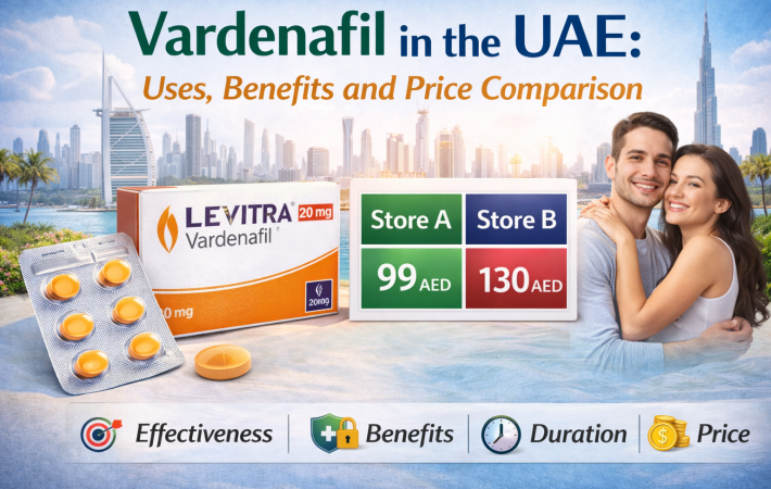 Vardenafil UAE comparison image with tablets, benefits, and male wellness concept.