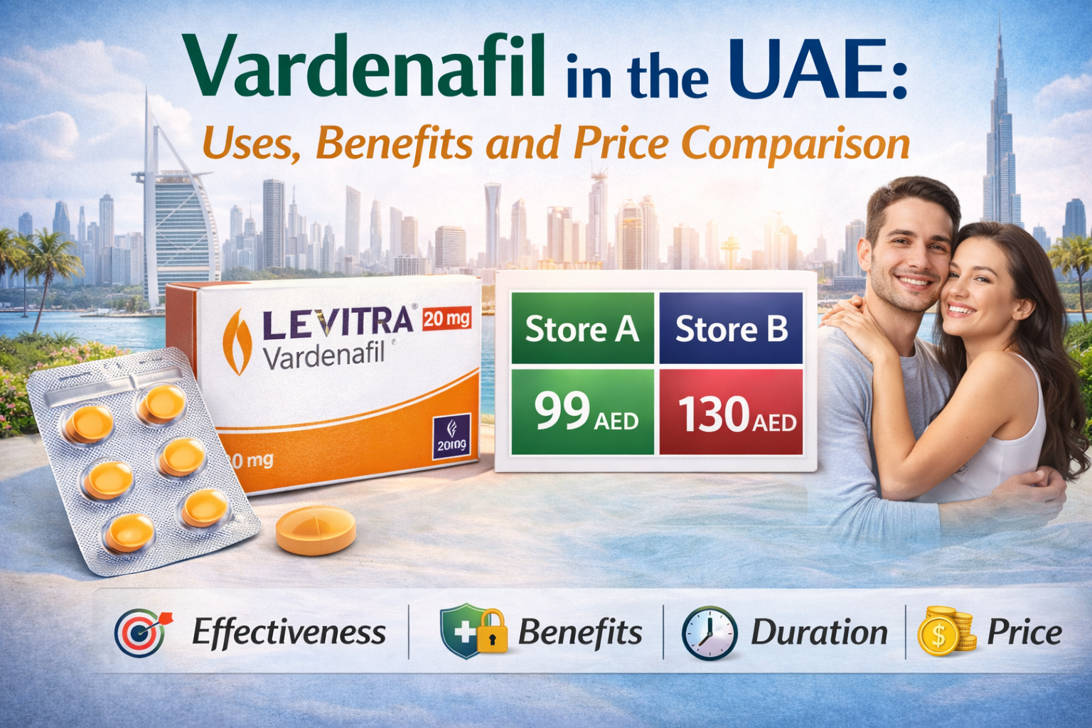 Vardenafil UAE comparison image with tablets, benefits, and male wellness concept.