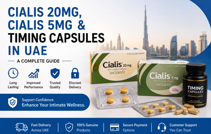 Cialis 20mg, Cialis 5mg and timing capsules guide in UAE with wellness-focused design and Dubai skyline background.