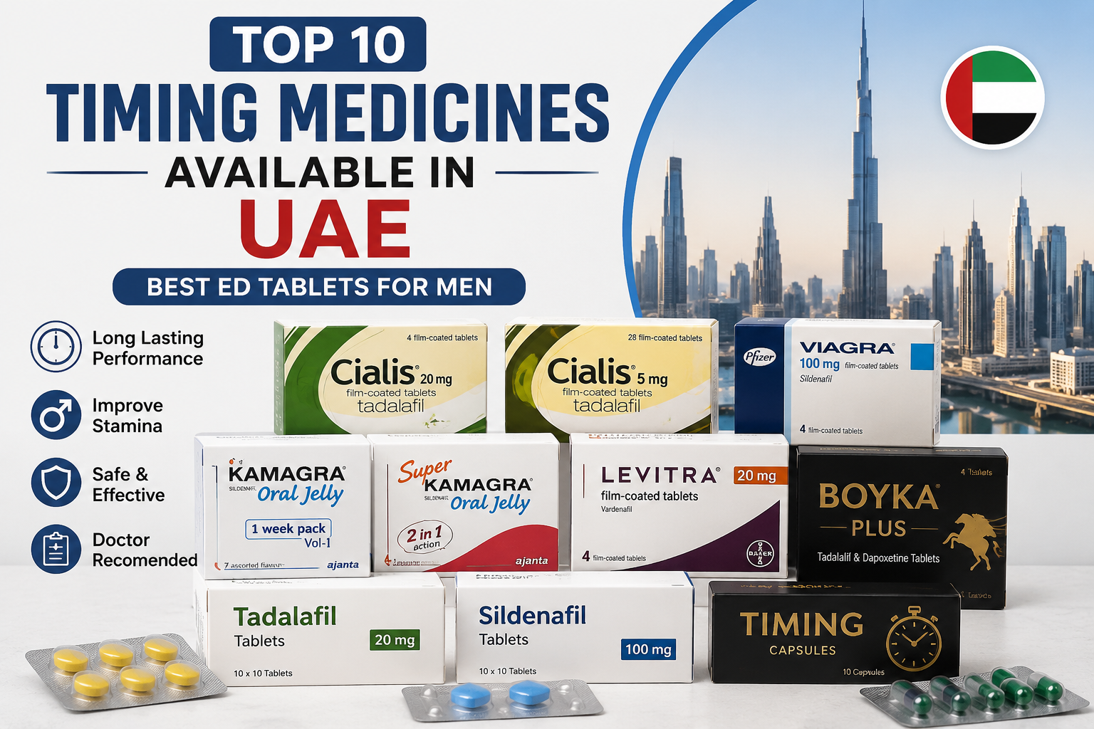 Top 10 timing medicines available in UAE featuring Cialis, Viagra, Kamagra, Levitra, tadalafil, and sildenafil tablets.