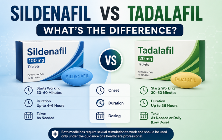 Sildenafil vs Tadalafil comparison showing key differences in onset, duration, dosing, and general information.