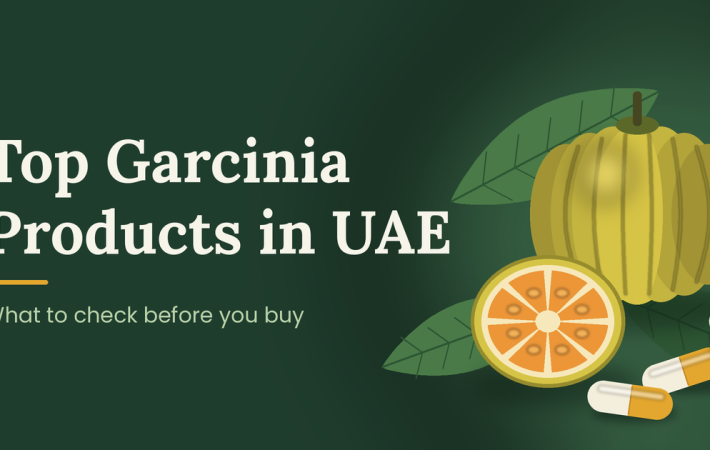 Illustration of whole and halved Garcinia cambogia fruit with supplement capsules