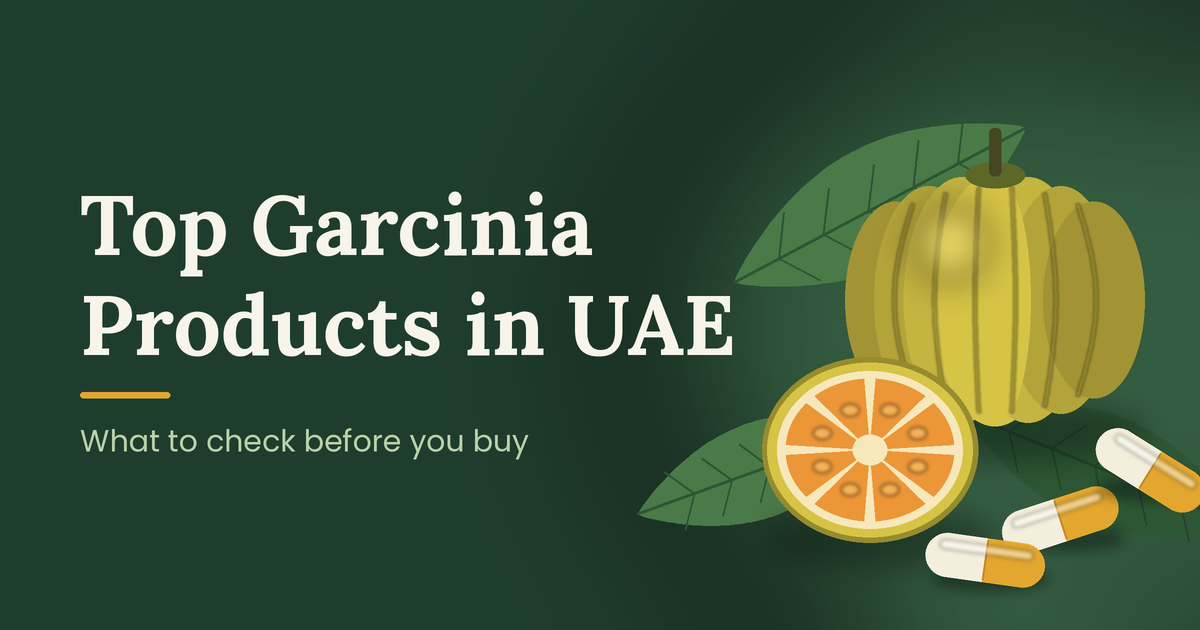 Illustration of whole and halved Garcinia cambogia fruit with supplement capsules